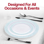 Elegant white plastic dinner plate featuring a decorative turquoise blue and silver mosaic-patterned rim, 10.25 inches, 120-pack