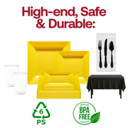 Elevate the party mood with Elegant Black & Yellow Dinnerware Set’s bold and sleek look