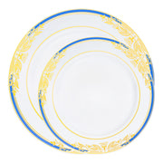 Elevate your dining experience with this white dinnerware set, featuring elegant blue and gold harmony rim accents