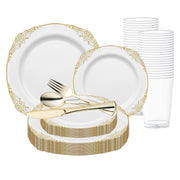 Elevate your event with the White with Gold Fancy Round Wedding Dinnerware Set, designed for elegance and convenience