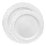 Enhance your dining experience with this elegant White with Silver Edge Rim Plastic Dinnerware Set, featuring a sophisticated design