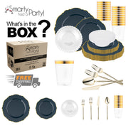 Expertly made from BPA-free, recyclable plastic, the Navy with Gold Blossom Rim Tableware Set promotes sustainable luxury dining