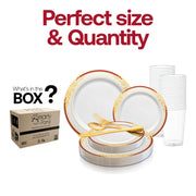 Features 10.25-inch dinner plates, 7.5-inch appetizer plates, 7.25-inch forks, 8-inch knives, 6.25-inch spoons, and 4.5-inch cups