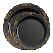 Featuring a chic black color with a gold vintage rim, this disposable dinnerware set elevates your event with sophistication