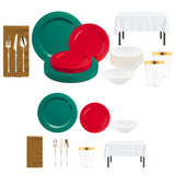 Feliz Navidad Set arranged with red, green, and white tableware for a joyful holiday meal.