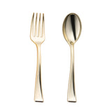 Gold disposable plastic mini flatware set in a 600-count case, each piece measuring 4", perfect for appetizers and desserts
