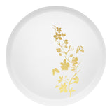 Gold floral plastic plate holding steak dinner at upscale holiday celebration