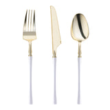 Gold plastic cutlery set with sleek white handles, perfect for fancy dinner parties and upscale events