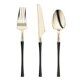 Gold with black handle Moderno disposable plastic cutlery set, ideal for weddings, fine dining, and stylish events, case of 240