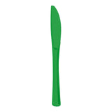Green plastic party knives add a fresh pop of color to casual dinners or festive tables