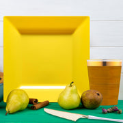 Guests dined on citrus-themed entrees using the Yellow Square Tableware Set at a lively backyard gathering.