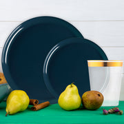 Guests enjoying meals on the Navy Flat Round Tableware at a sophisticated dinner event.