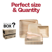 Heavy-duty natural palm leaf plates and utensils set, available in 100 or 200 settings for large events