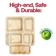 High-end square 3-compartment palm leaf plates, 10-inch size, durable, eco-friendly