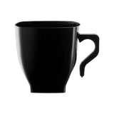 High-quality black plastic coffee mugs with a modern square silhouette