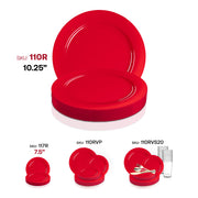 Holiday-themed solid red round disposable dinner plates, made of plastic