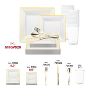 Host a chic reception accented by the White with Gold Square Edge Rim Plastic Wedding Value Set and luxurious gold details