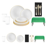 Host a sophisticated game day with the White, Green, and Black disposable dinnerware set.