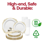 Host glamorous celebrations with this White with Gold disposable dinnerware set, combining beauty, quality, and practicality