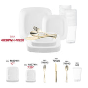 Impress your guests with the Solid White Flat Rounded Square Disposable Plastic Wedding Value Set with Gold Cutlery, perfect for adding elegance to upscale events, from weddings to formal gatherings