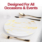 Impress your guests with the elegant White with Gold Marble Stroke Round Disposable Plastic Wedding Value Set, ideal for setting a timeless and refined table at any special occasion