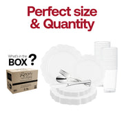 Includes 10.25" dinner plates, 7.5" appetizers, 7.25" forks, 8" knives, 6.25" spoons, and 4.5" tall crystal-clear drink cups