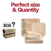 Includes 9” dinner plates, 7” appetizer plates, 6.5” forks, knives, and spoons in the Square Palm Leaf Set