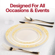 Ivory with Gold Harmony Rim Plastic Dinner Plates (10.25") Lifestyle | Smarty Had A Party