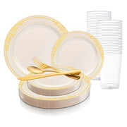 Ivory with Gold Harmony Rim Plastic Wedding Value Set | Smarty Had A Party