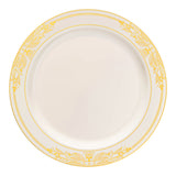 Ivory plastic dinner plate with a gold harmony design on the rim