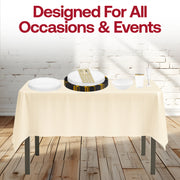 Ivory rectangular tablecloths enhancing the gold-accented plates for elegant banquet settings