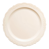 Ivory round disposable plastic dinner plates with a vintage design