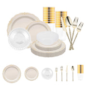 Ivory with Gold Vintage Disposable Plastic Tableware Set brings refined charm and classic elegance to stylish formal occasions