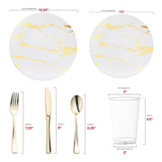 Made from BPA-free, recyclable plastic, this White with Gold Marble Stroke Round Disposable Plastic Wedding Value Set provides a sustainable and secure choice for your celebration