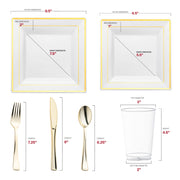 Made from recyclable, BPA-free plastic, the White with Gold Square Edge Rim Plastic Wedding Set provides a safe and eco-friendly choice