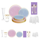 Midnight in Paris Party Bundle displayed with elegant gold-rimmed pink and blue plates.