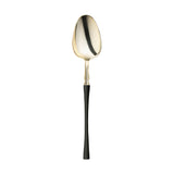 Moderno disposable dinner spoons, gold head with black handle, stylish plastic utensils for events.