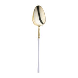Moderno gold plastic dinner spoons with contemporary white handles, disposable design, ideal for formal or casual events
