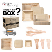 Natural square palm leaf disposable tableware set with 100 or 200 settings, perfect for eco-friendly events