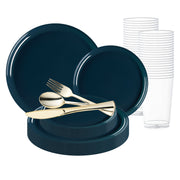 Navy Flat Round Disposable Plastic Wedding Value Set, designed to add a touch of elegance to your event with a sophisticated navy blue finish