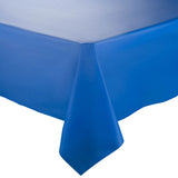 Navy rectangular disposable plastic tablecloth measuring 54 x 108 inches, perfect for parties, events, and gatherings, sold in a 96-pack.