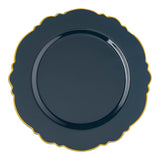 Navy round disposable plastic appetizer and salad plates with a gold rim and blossom design