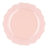 Pearl pink round plastic appetizer and salad plates with a lotus-inspired design