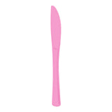 Pink plastic knives offer cheerful utility for cutting soft foods at parties and picnics