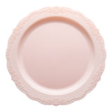 Pink round disposable appetizer plates with a sophisticated vintage style, 7.5-inch diameter