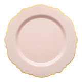 Pink round disposable plastic dinner plates with an elegant gold rim and blossom design