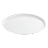 Premium 12" white heavyweight plastic round tray, chic and sturdy disposable serving platter for sophisticated wedding receptions and galas.