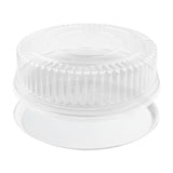 Premium 14 inch clear high dome plastic lid, sturdy snap-on tray cover for professional food service and party event catering.