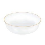 Premium white heavyweight plastic serving bowl with metallic gold rim, chic disposable tableware for sophisticated wedding receptions.