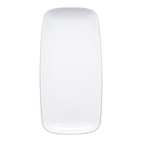 Rectangular white disposable plastic plate with a silver rim and flat raised edges, measuring 10.6x5 inches, sold in a 120-pack